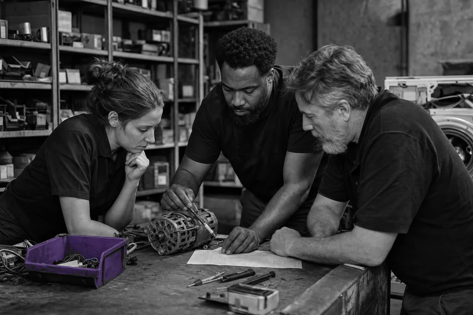 Three appliance repair professionals examining a motor at a workshop bench
