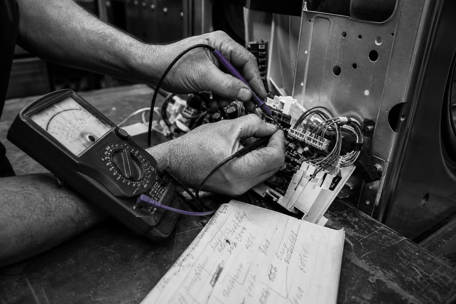 Technician testing appliance controls with a multimeter