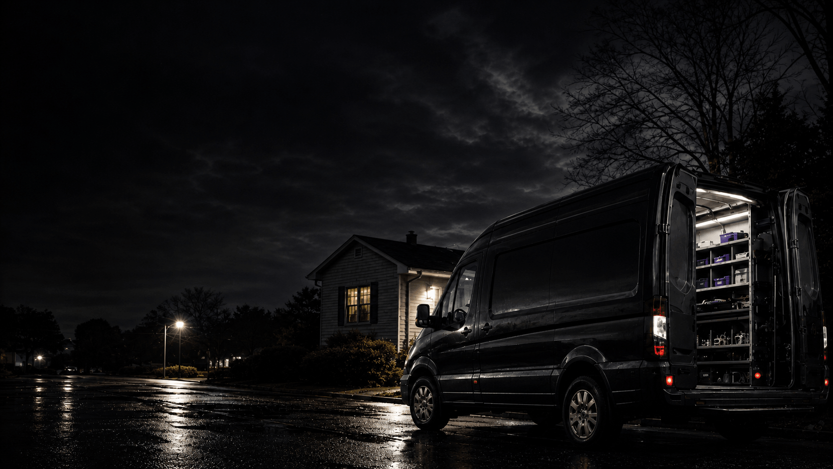 Appliance repair service van ready for work outside a customer home at night